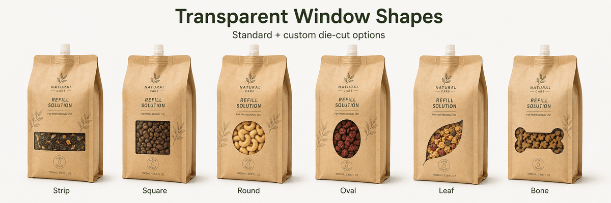 Six kraft quad seal spout pouches displayed side-by-side each showing a different window shape