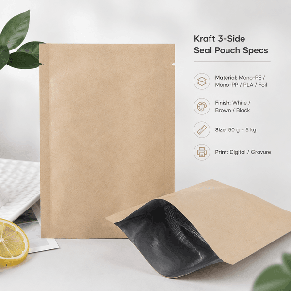 Material structure cross-section and finish samples showing matte gloss soft-touch and spot-UV kraft pouch surfaces