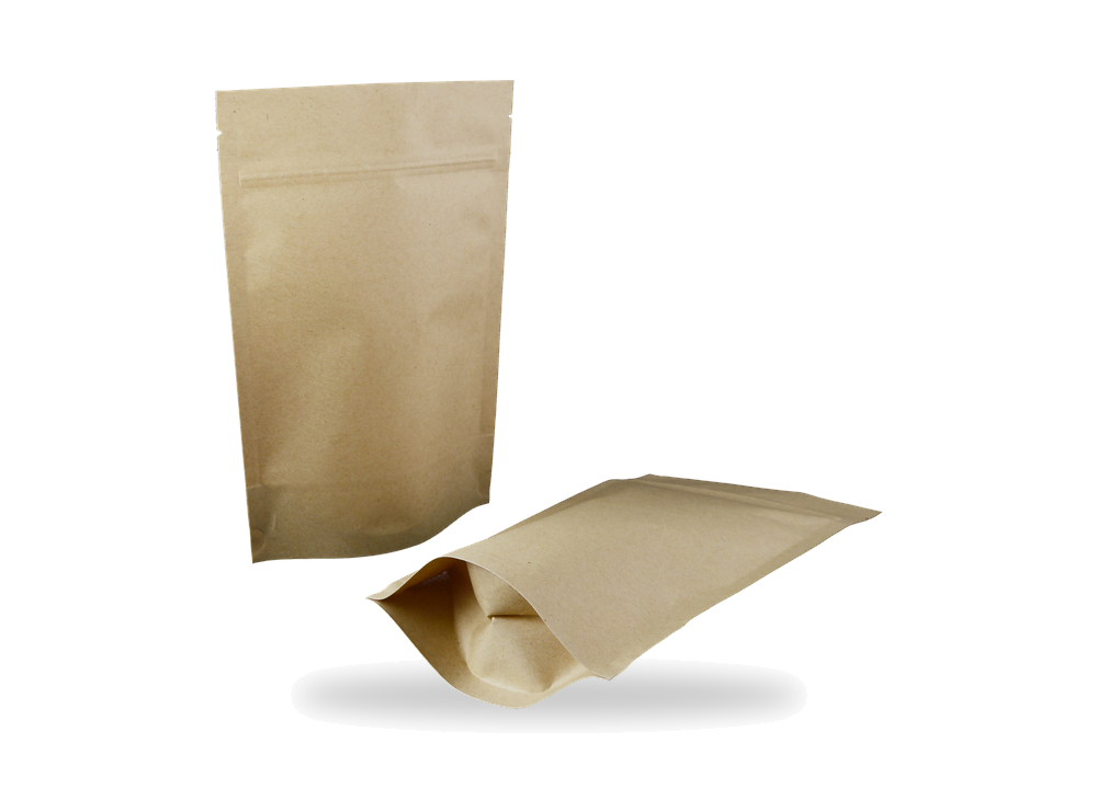 Kraft pouches product example on white background